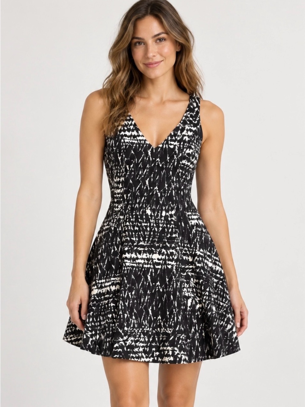 Abercrombie & Fitch XS Black Ivory Abstract Print Fit & Flare Dress Stretch Knit